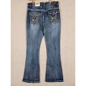 SKY Jeans Women's Bootcut Embellished Skull Wings Rhinestone Denim Pants Size 15